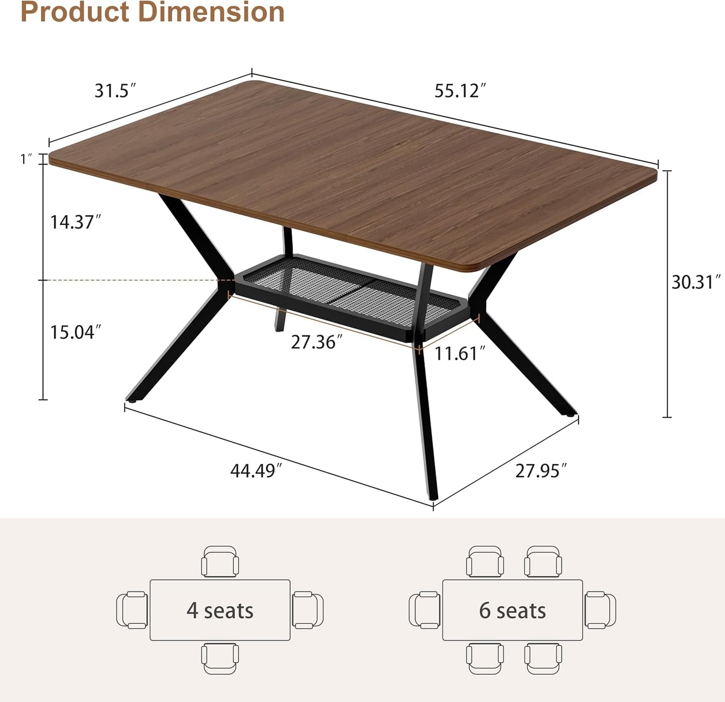 Rectangular 55 Inch Dining Table Storage Underneath