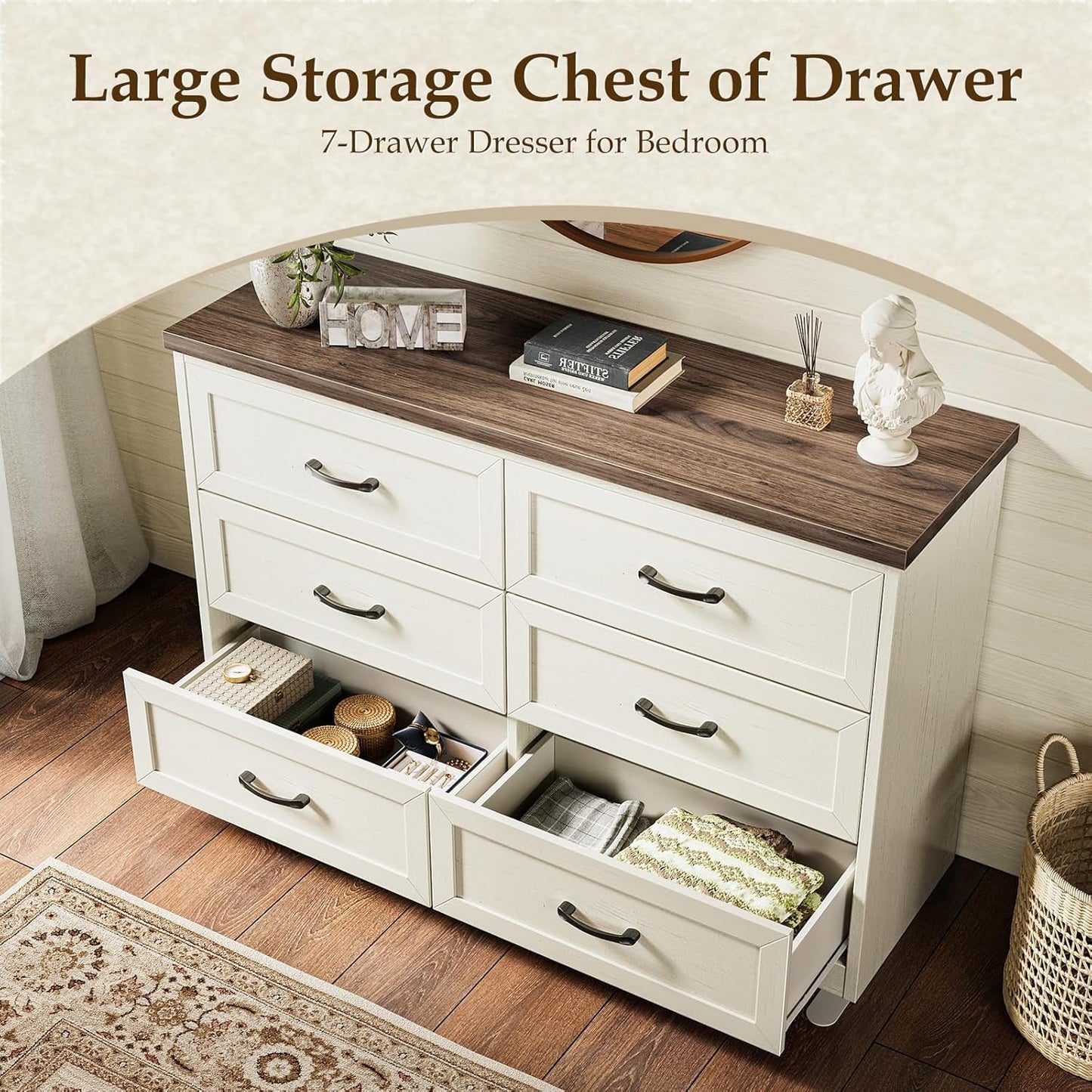 Farmhouse Six Drawer Dresser Walnut Engineered Wood