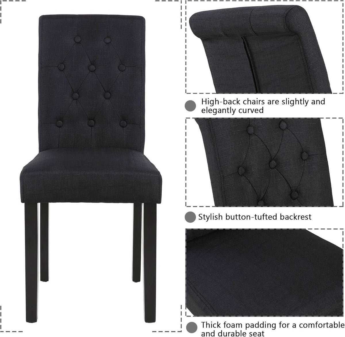 Two Upholstered Fabric Dining Chairs Button Tufting Black