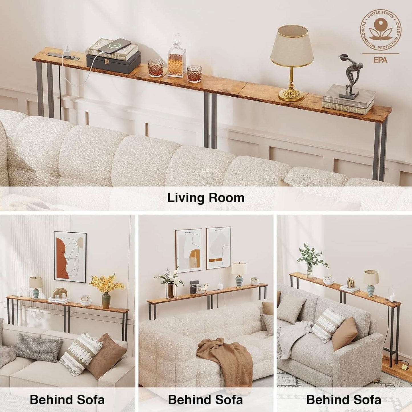 Seventy Inch Rustic Brown Console Sofa Table USB Ports