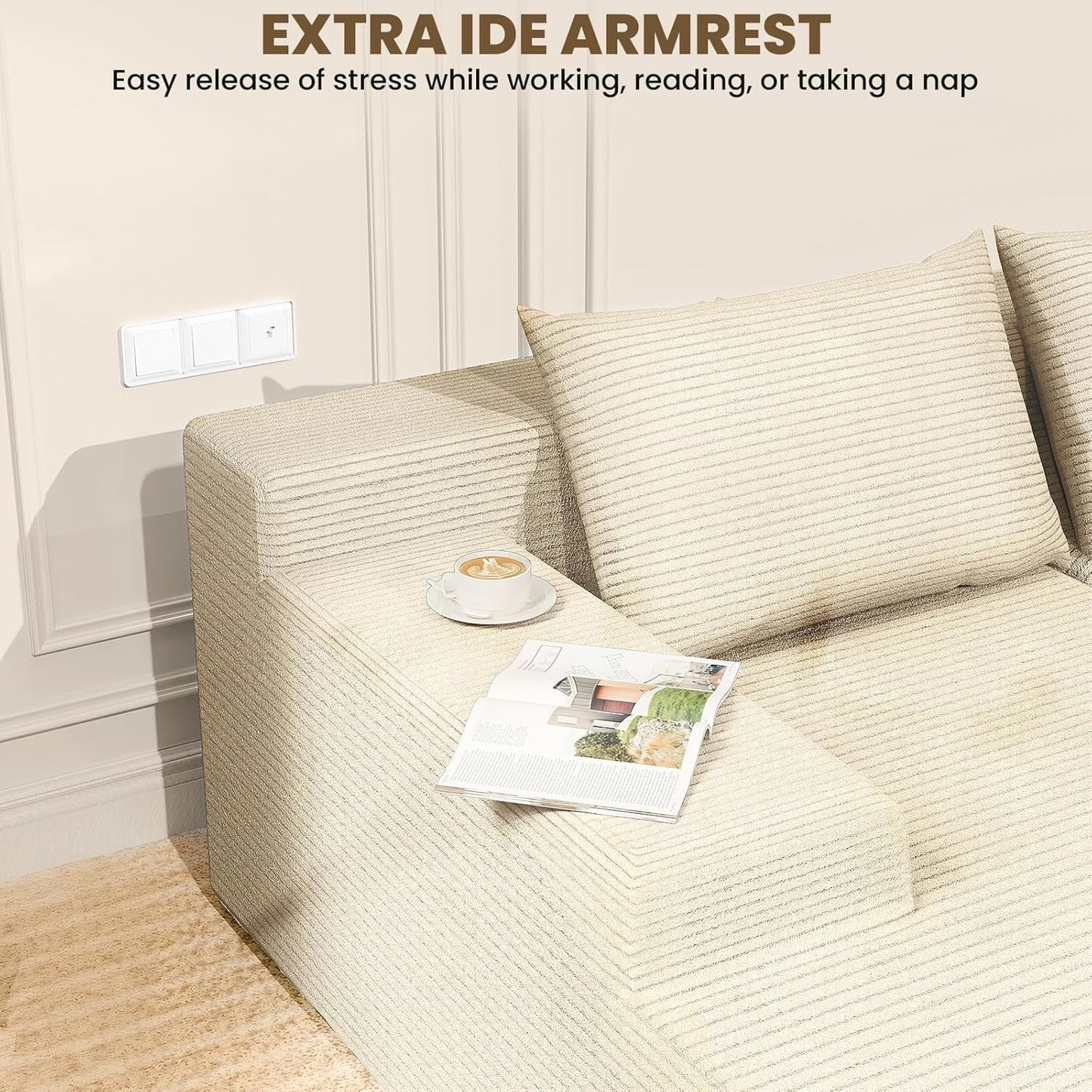 107 Inches Cloudlike Sectional Sofa Left Chaise Beige