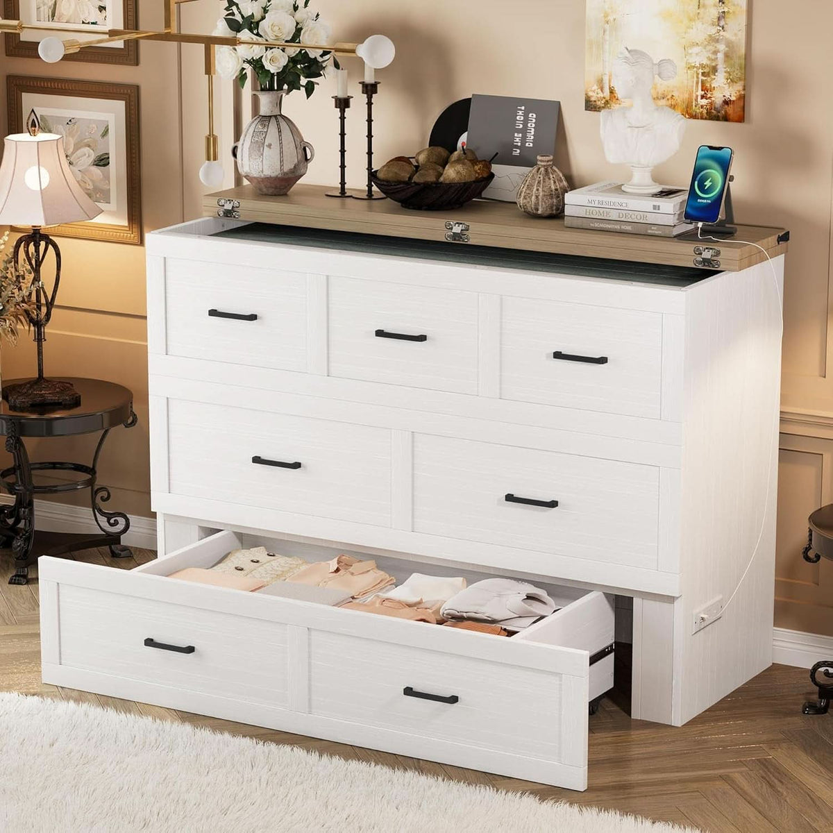 White Queen Murphy Bed Incorporating Charging Station-2