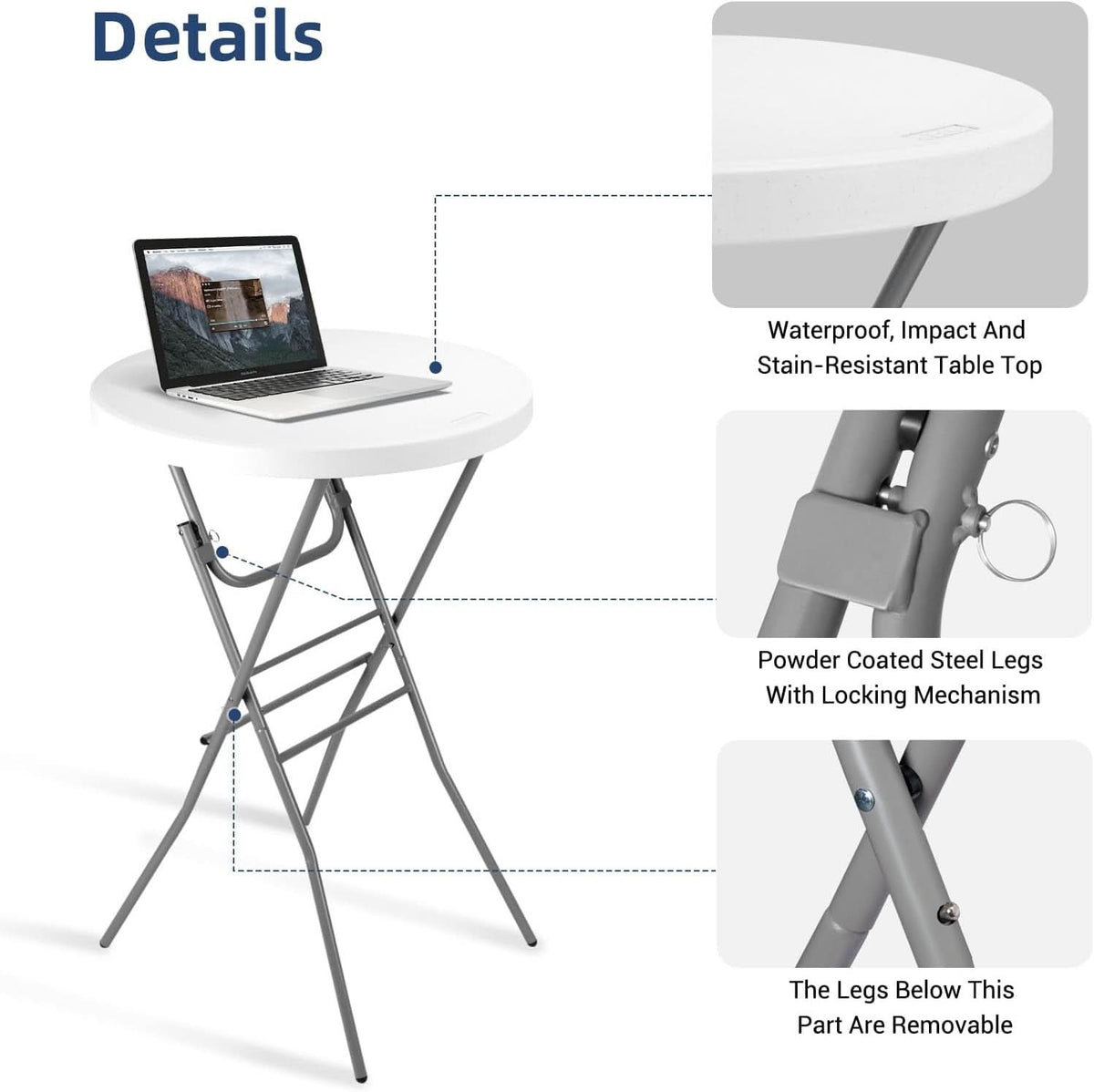 White 28 Inches Folding Cocktail Table Removable Legs