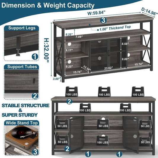 Tall TV Stand for 65 Inch TV With Storage Cabinet Grey Oak