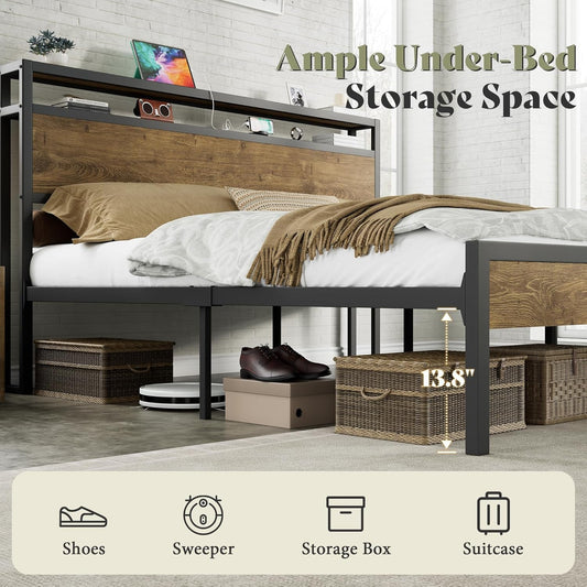 Full Size Brown Industrial Bed Frame Under bed Storage