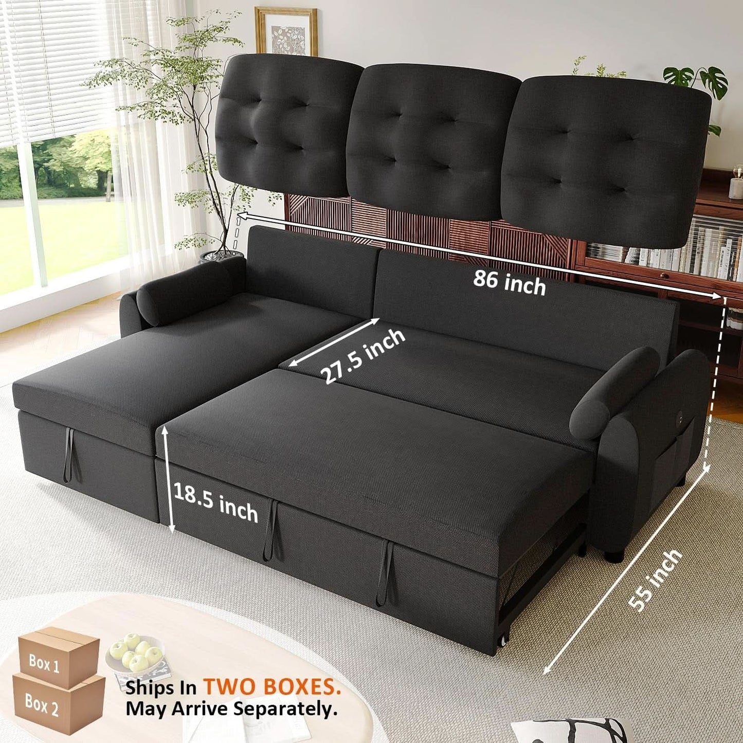 86Inch Convertible Sleeper Sectional With USB Ports