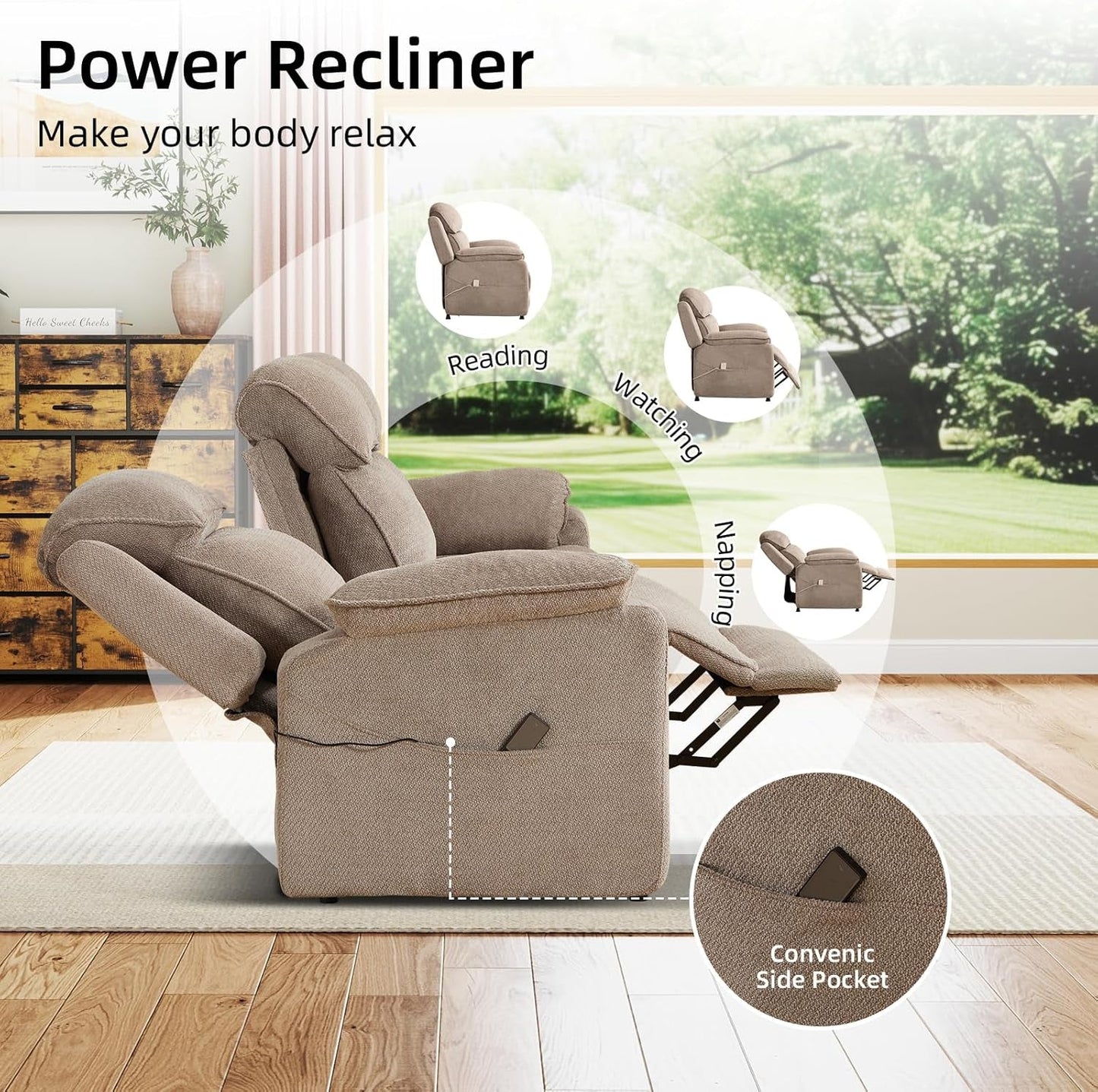 Power Reclining Khaki Sofa For Modern Living Room Spaces