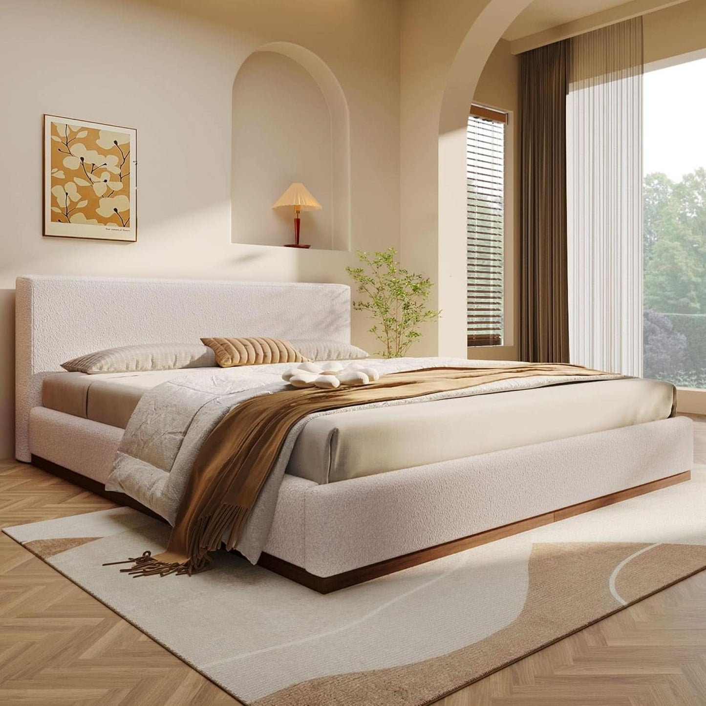 Queen Boucle Platform Bed Featuring White Upholstery