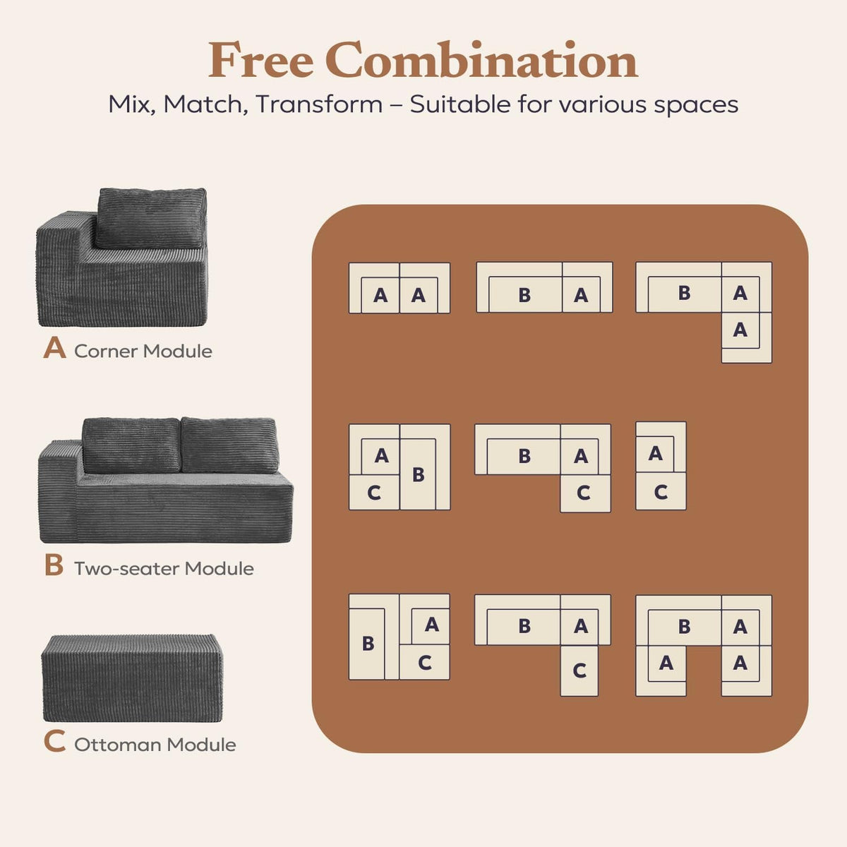 106 Inches Modular Sectional Sofa Right Facing Grey