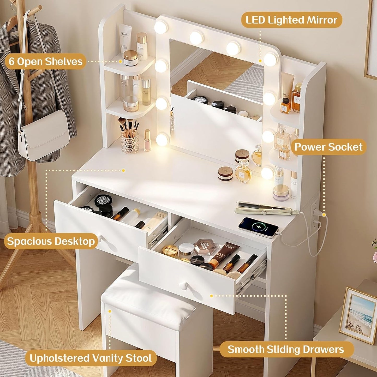 White Vanity Desk With Comprehensive Storage Mirror