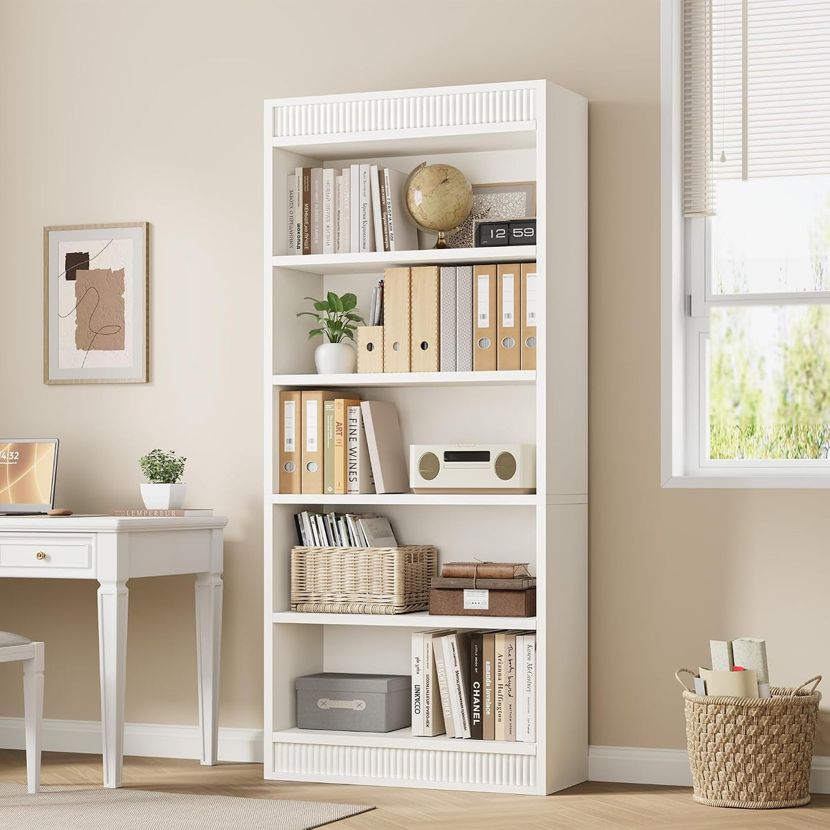 White Five Tiered Farmhouse Bookcase Double Fluted
