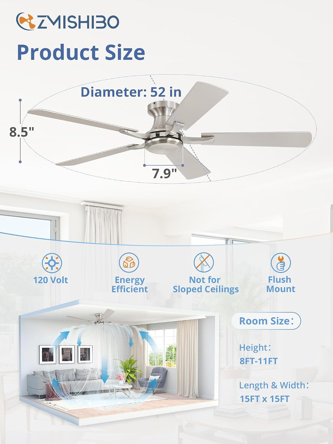 52-Inch Brushed Nickel Flush Mount Ceiling Fan