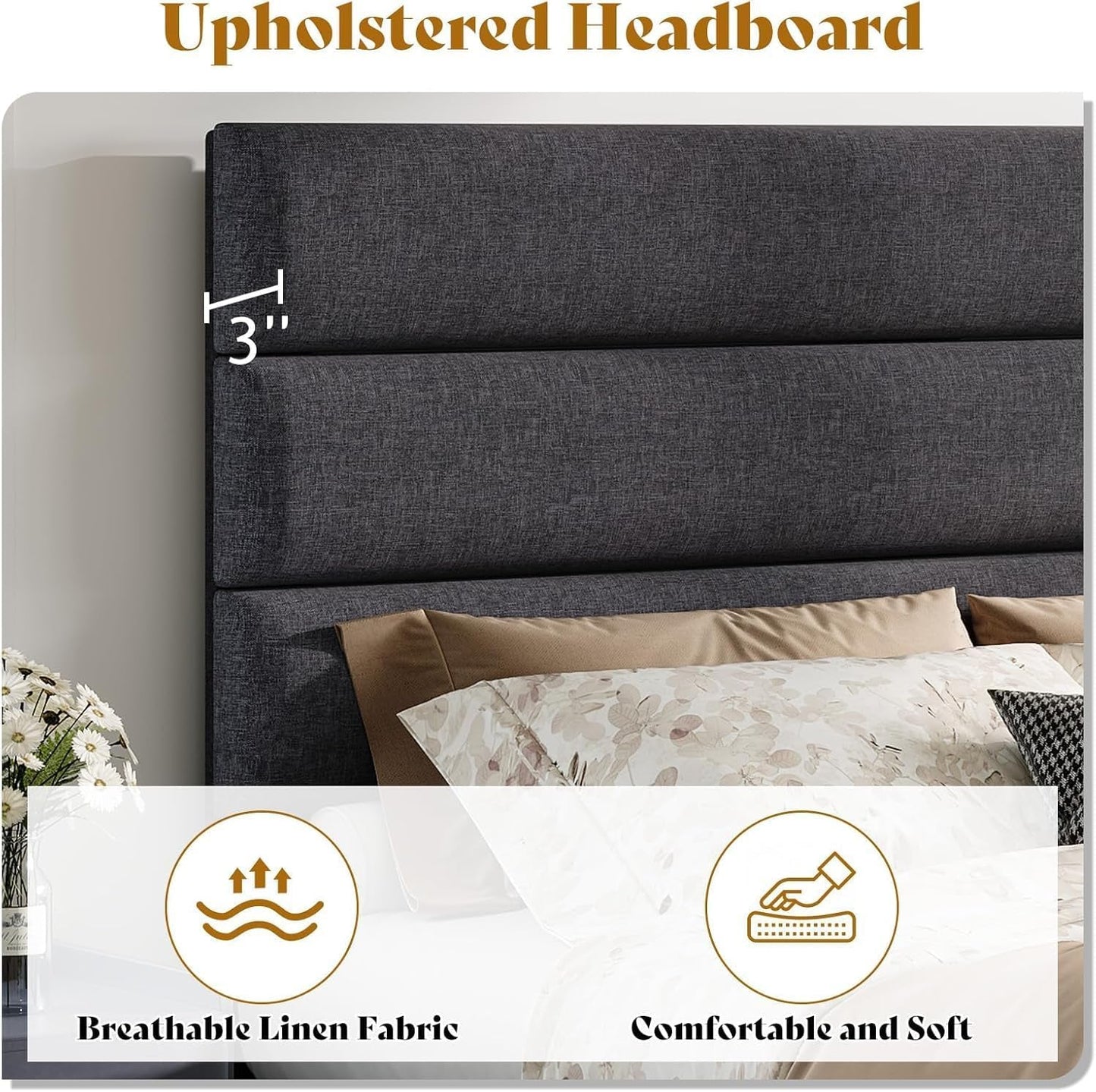 Queen Size Grey Linen Upholstered Platform Bed frame