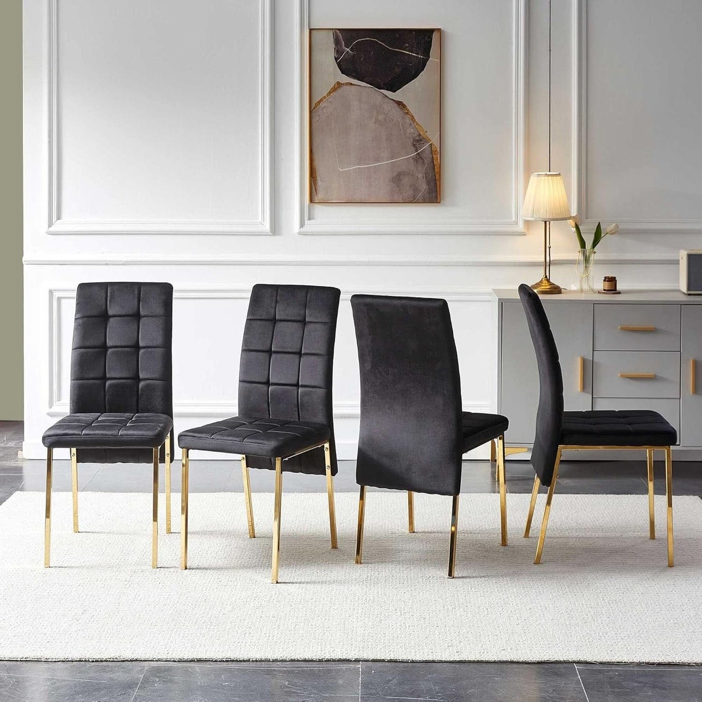 Black Velvet Dining Chairs Set of 4 with Golden Metal Legs