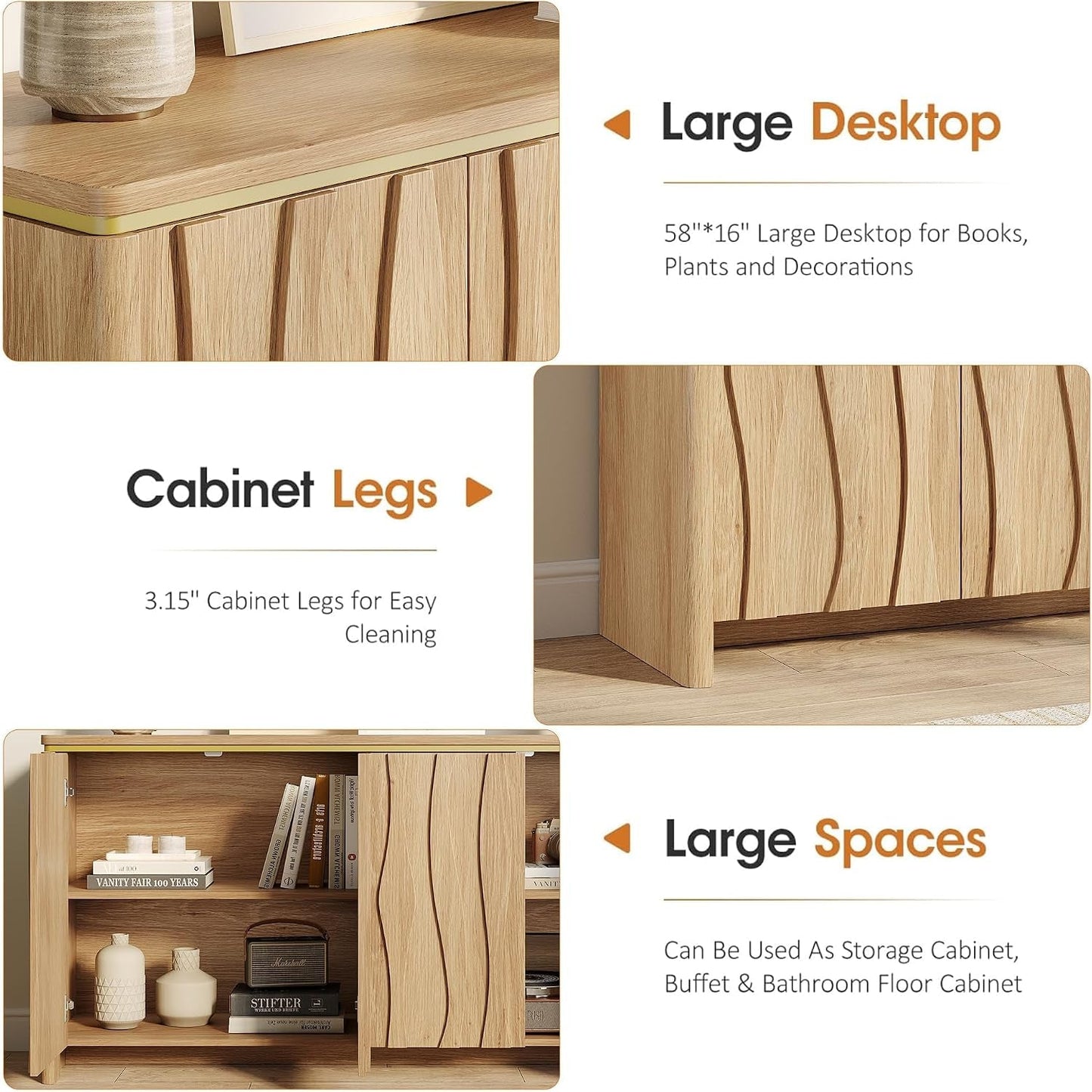 Natural Fluted Buffet Cabinet With Adjustable Shelves