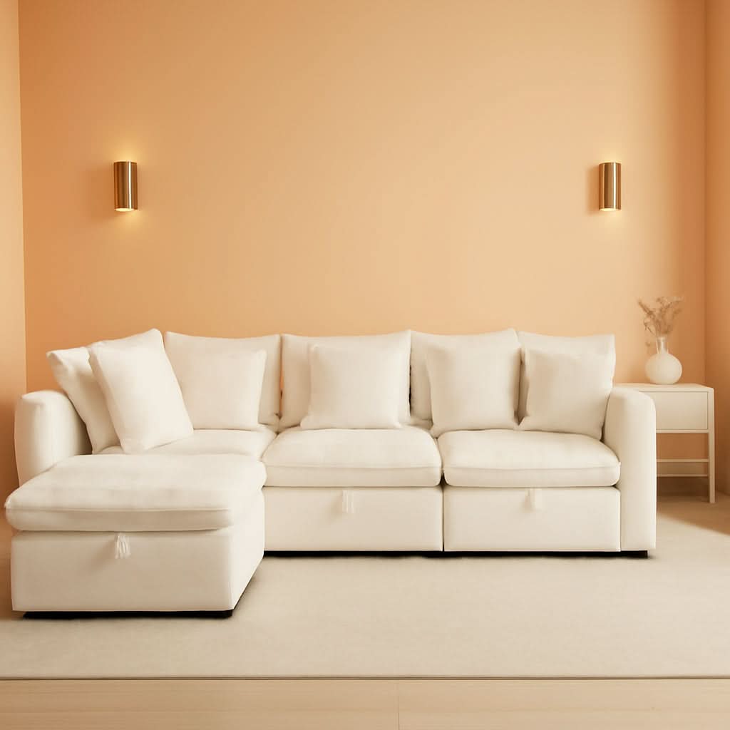 White OneThirtyThreeInch Modular Sectional Sofa Hidden Storage-0