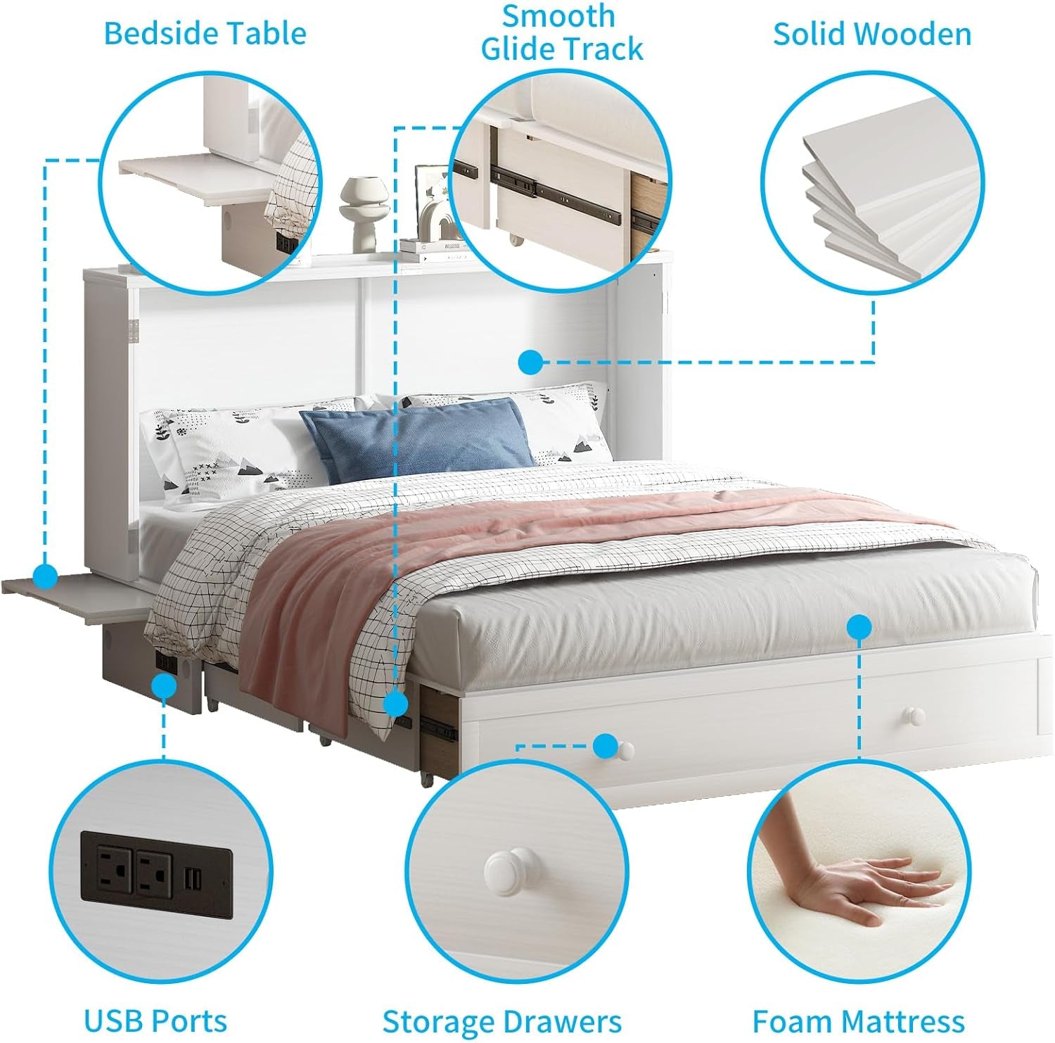 Queen Murphy Bed Featuring Mattress Included White-2