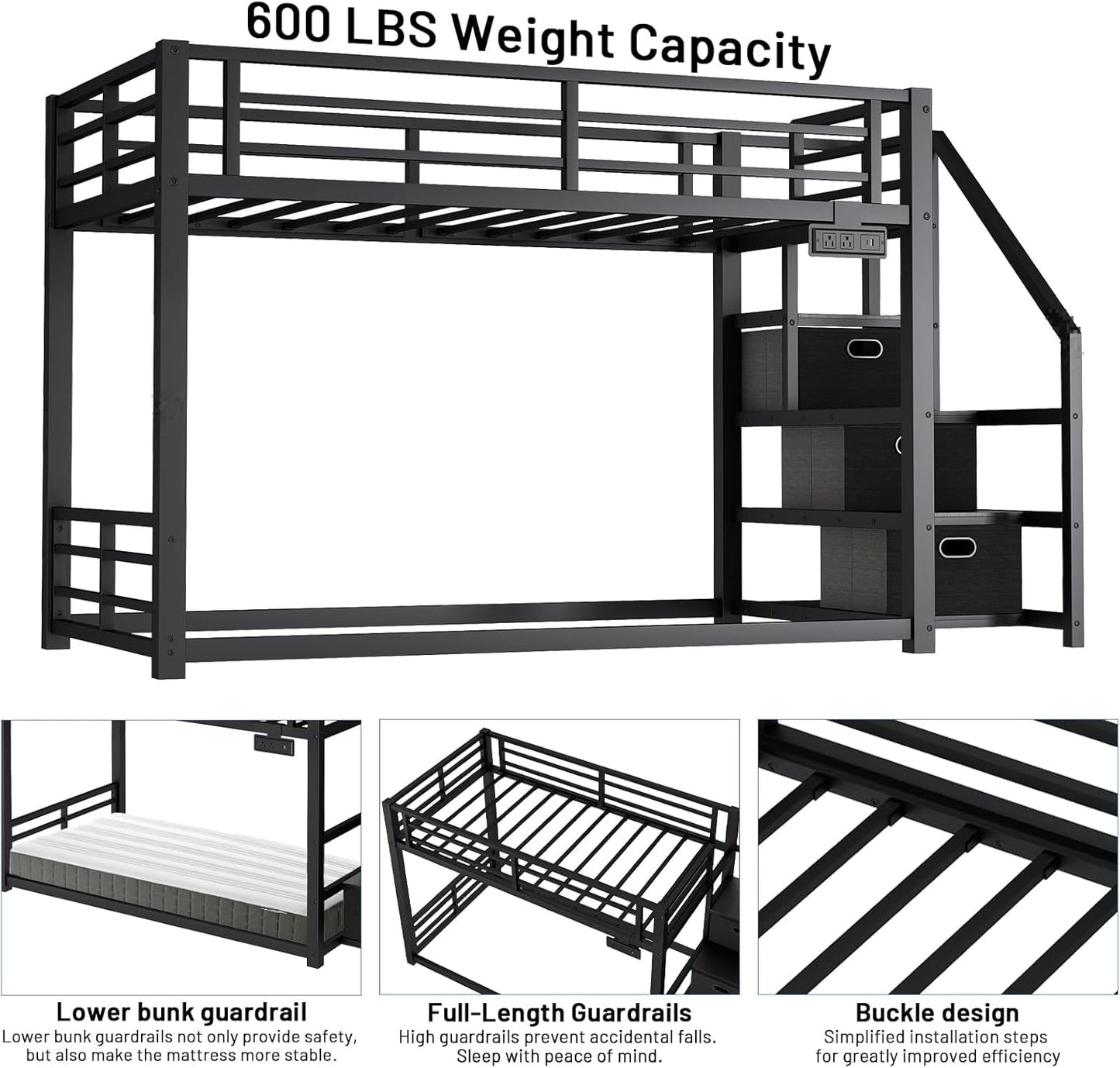 Black Twin Over Twin Metal Bunk Bed Storage Drawers