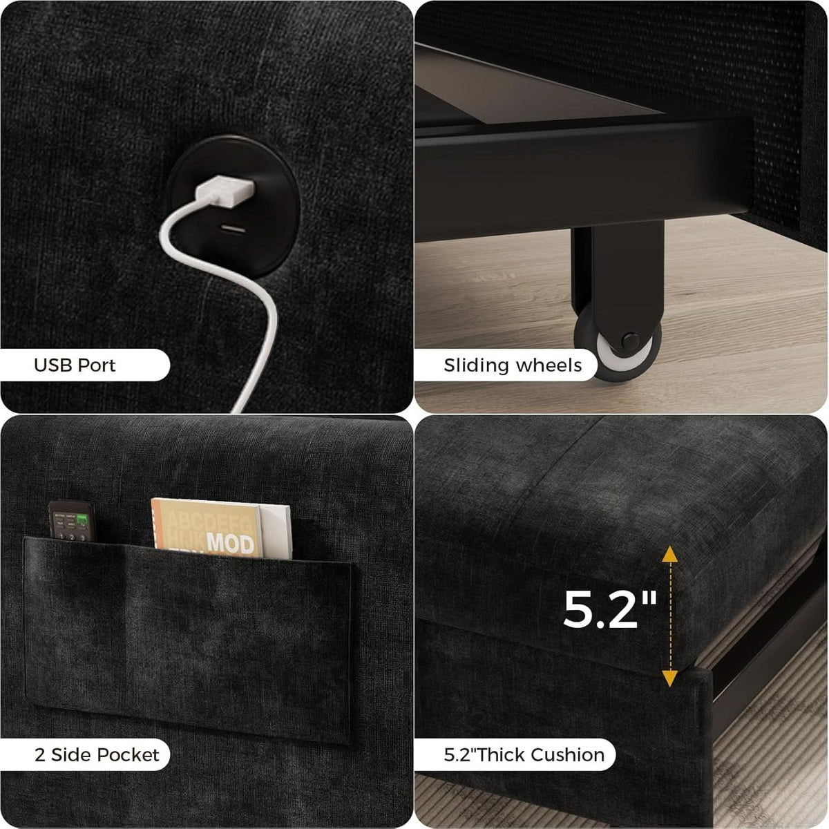 Black Upholstered Sleeper Chair Pull Out Bed For Small Rooms