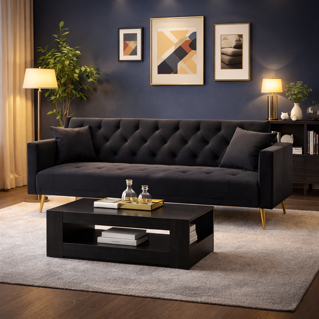 71" Black Velvet Futon Sofa Bed with 35" Storage Coffee Table 2-Piece Living Room Set-1