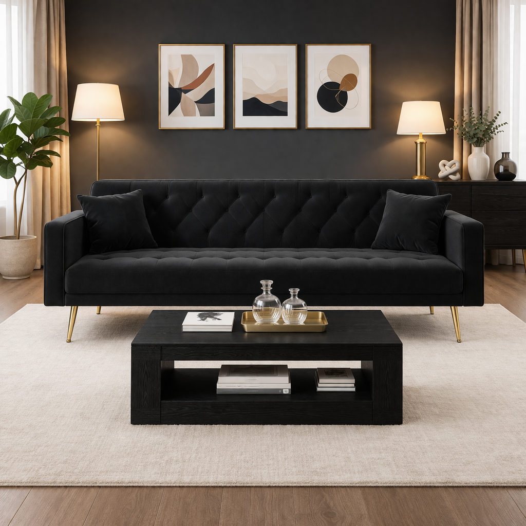 71" Black Velvet Futon Sofa Bed with 35" Storage Coffee Table 2-Piece Living Room Set-0