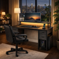 47 Inch Black Computer Desk with 4 Drawers, LED Lights, Power Hub and Task Chair Set