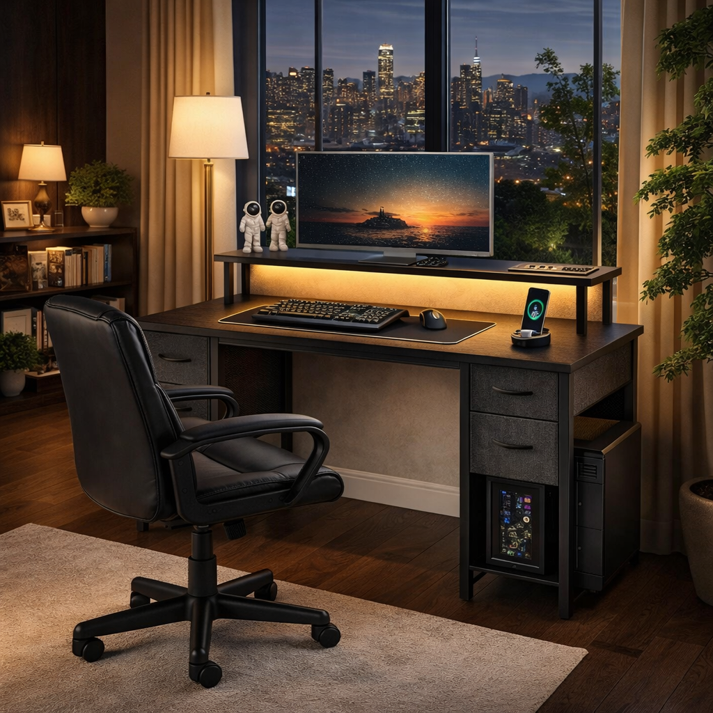 47 Inch Black Computer Desk with 4 Drawers, LED Lights, Power Hub and Task Chair Set