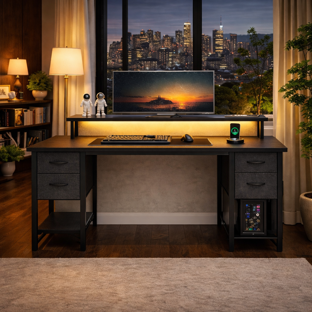 47 Inch Black Computer Desk with 4 Drawers, LED Lights, Power Hub and Task Chair Set