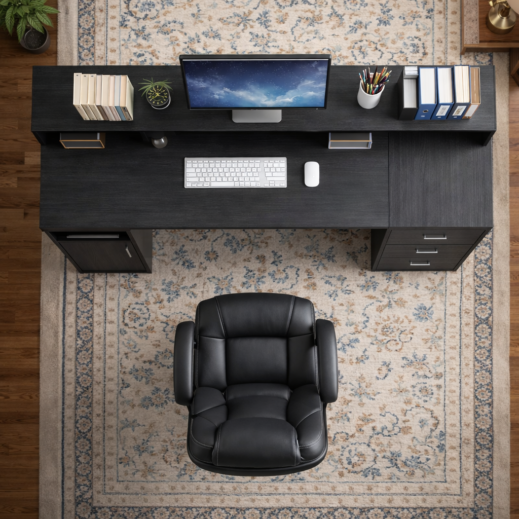 65 Inch Black Computer Desk with Storage Shelves, 3 Drawer File Cabinet and Office Chair Set