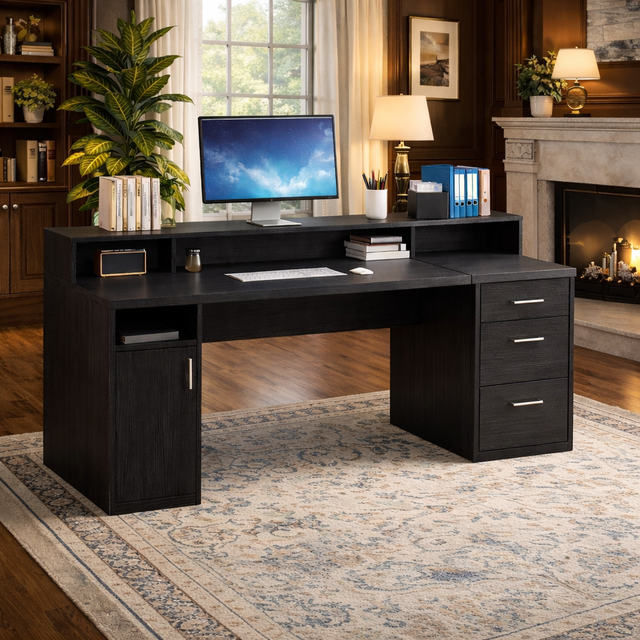 65 Inch Black Computer Desk with Storage Shelves, 3 Drawer File Cabinet and Office Chair Set