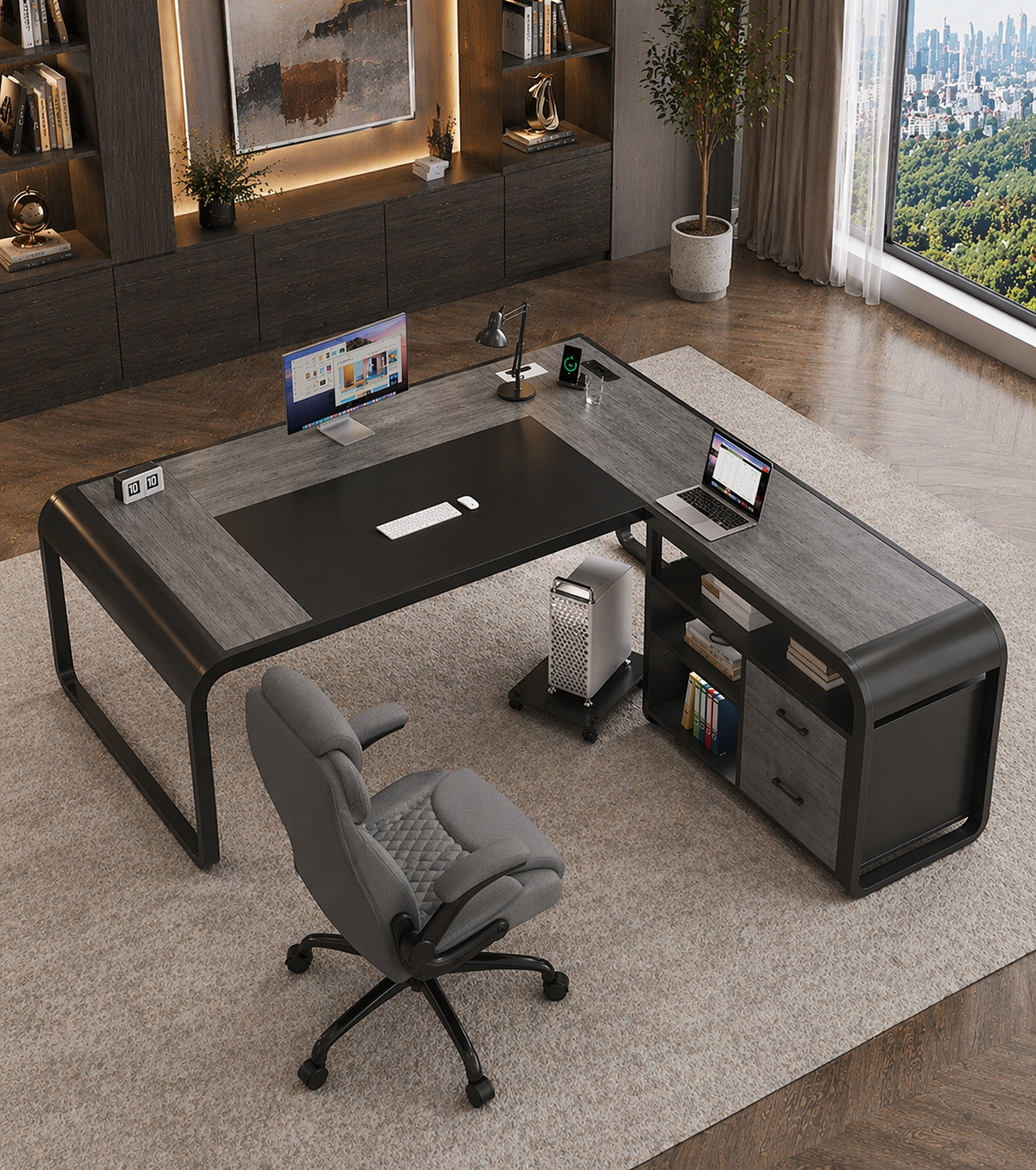 63" Farmhouse Executive Desk with Storage Cabinet & Ergonomic High-Back Chair Set White