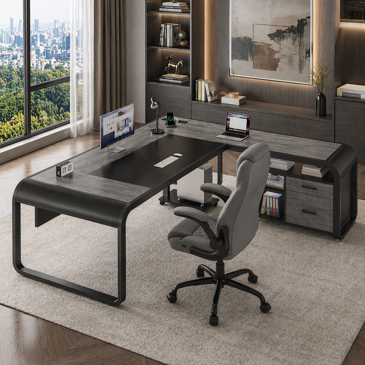 63" Farmhouse Executive Desk with Storage Cabinet & Ergonomic High-Back Chair Set White