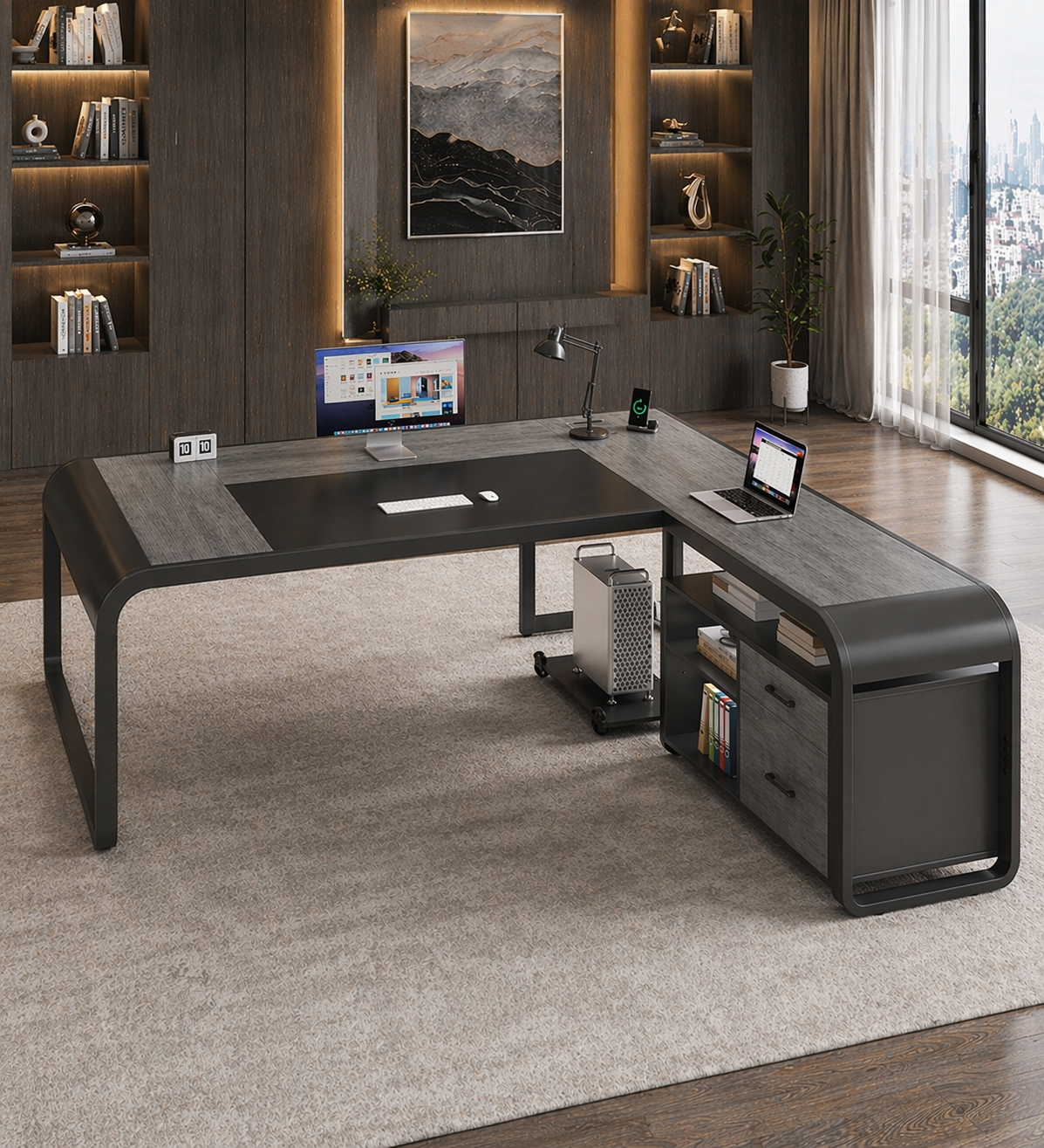63" Farmhouse Executive Desk with Storage Cabinet & Ergonomic High-Back Chair Set White