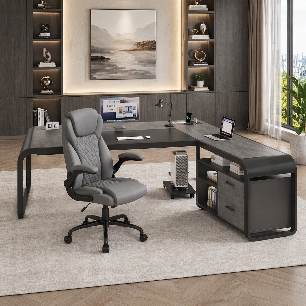 63" Farmhouse Executive Desk with Storage Cabinet & Ergonomic High-Back Chair Set White