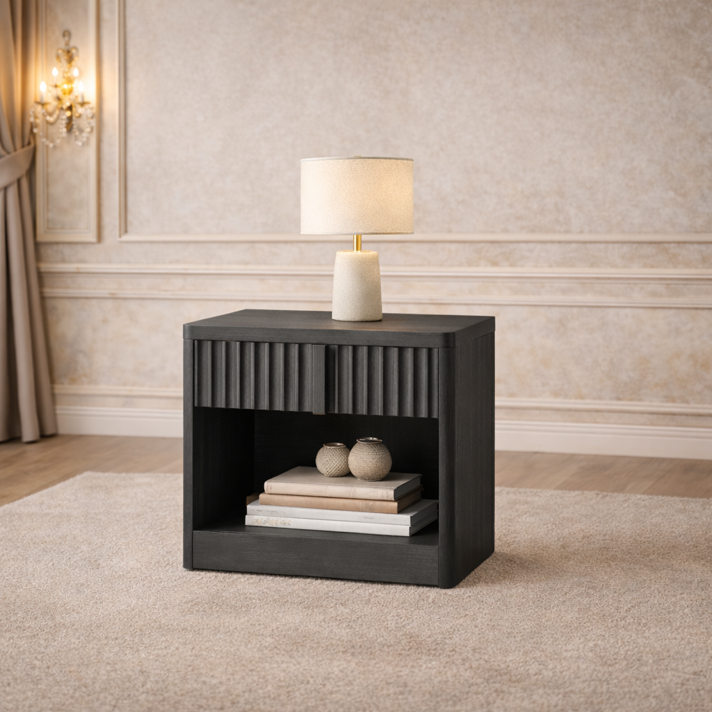 Queen Velvet Wingback Bed with 2 Fluted Nightstands Set Black Upholstered Platform Bed-4