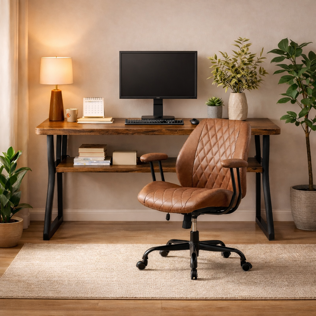 47 Inch Brown Computer Desk with Storage Shelf and Ergonomic Office Chair Set