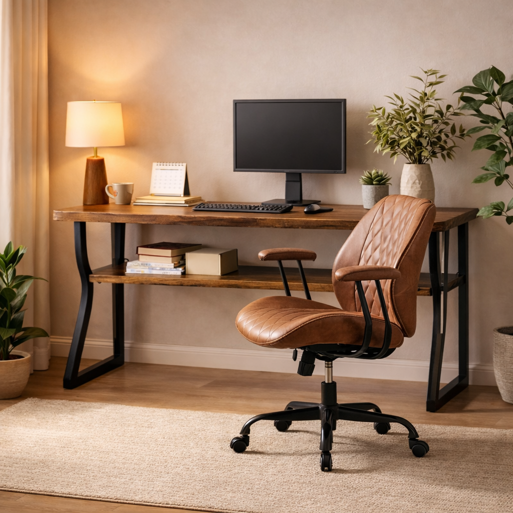 47 Inch Brown Computer Desk with Storage Shelf and Ergonomic Office Chair Set
