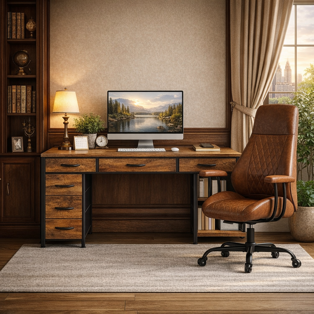 47 Inch Rustic Brown Desk Ergonomic Chair Storage Solution