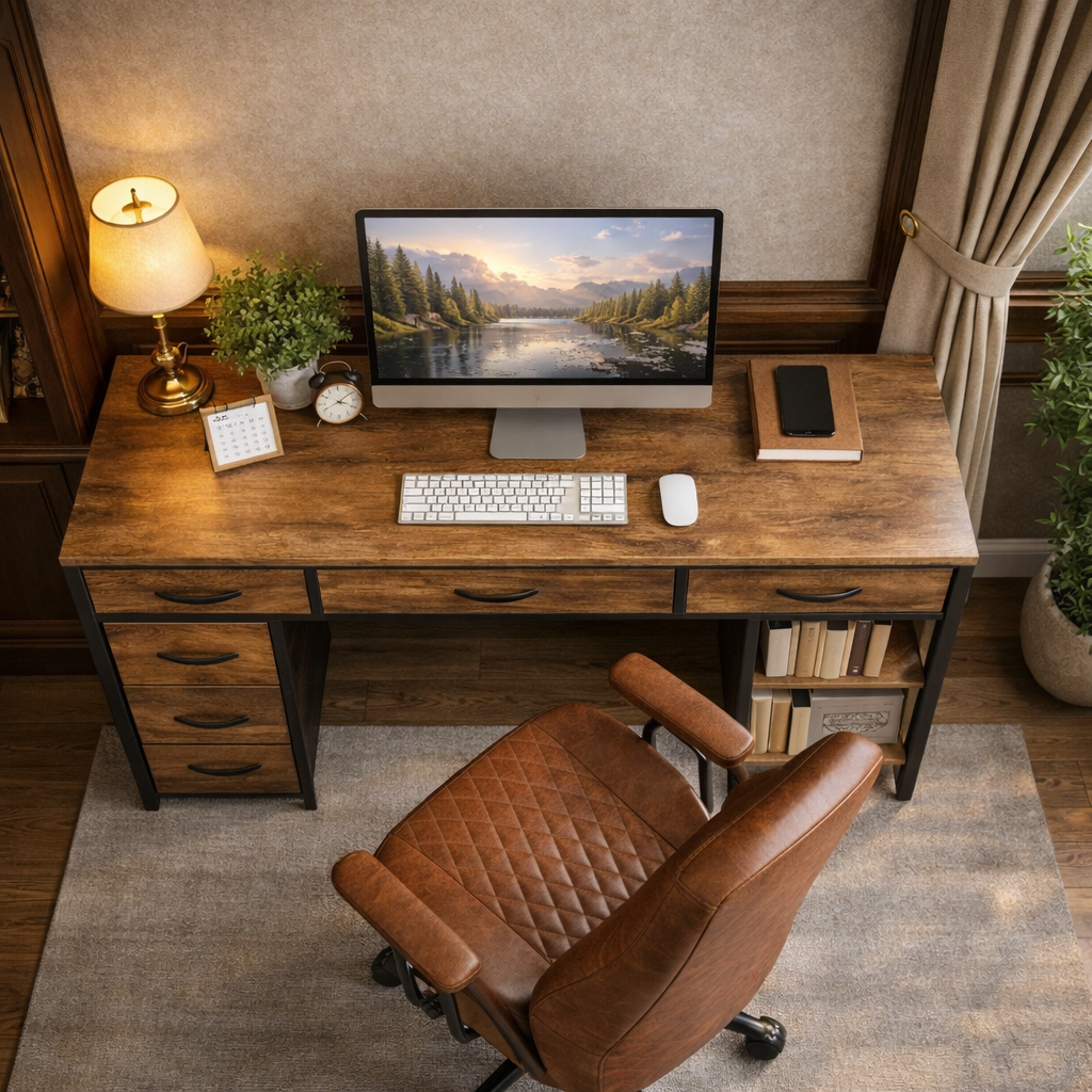 47 Inch Rustic Brown Desk Ergonomic Chair Storage Solution