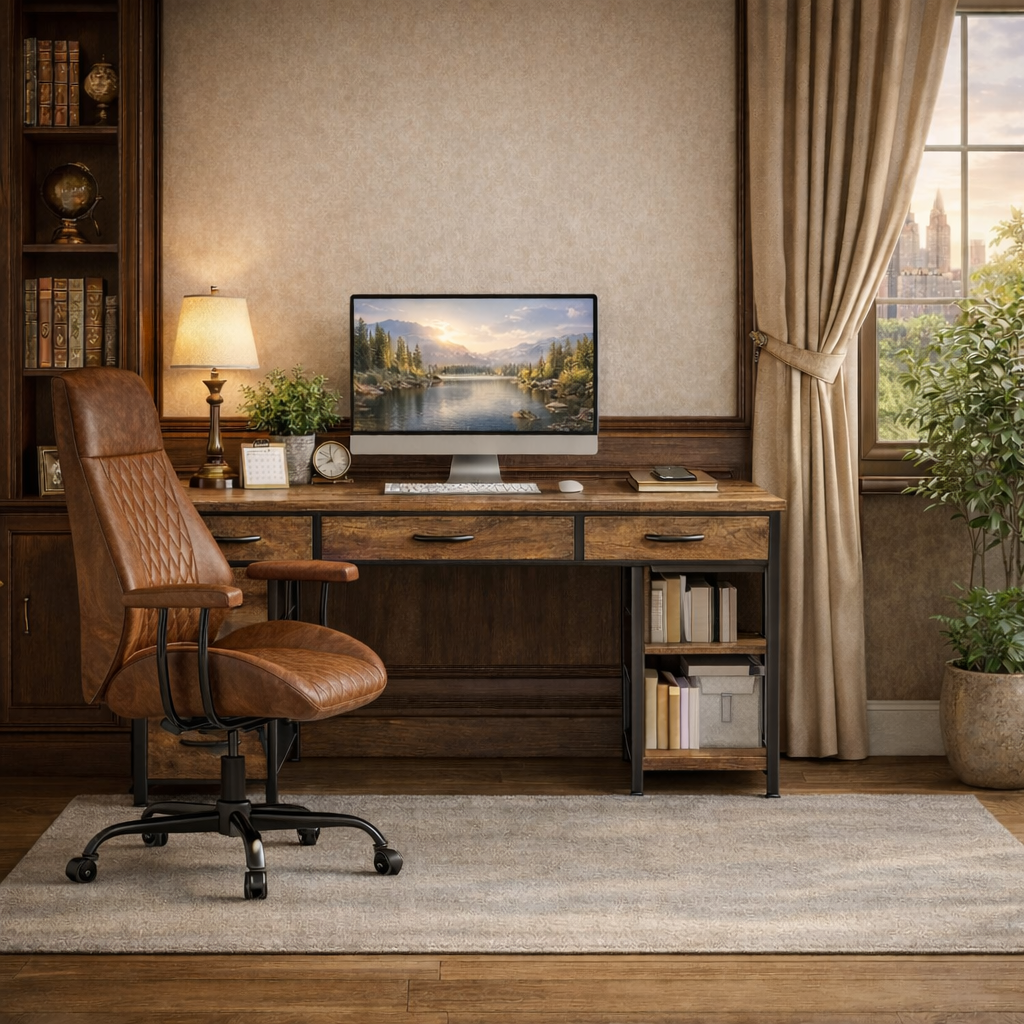 47 Inch Rustic Brown Desk Ergonomic Chair Storage Solution