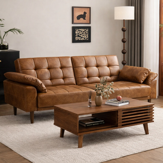 Mid Century Futon Sofa Bed with Walnut Coffee Table Living Room Set