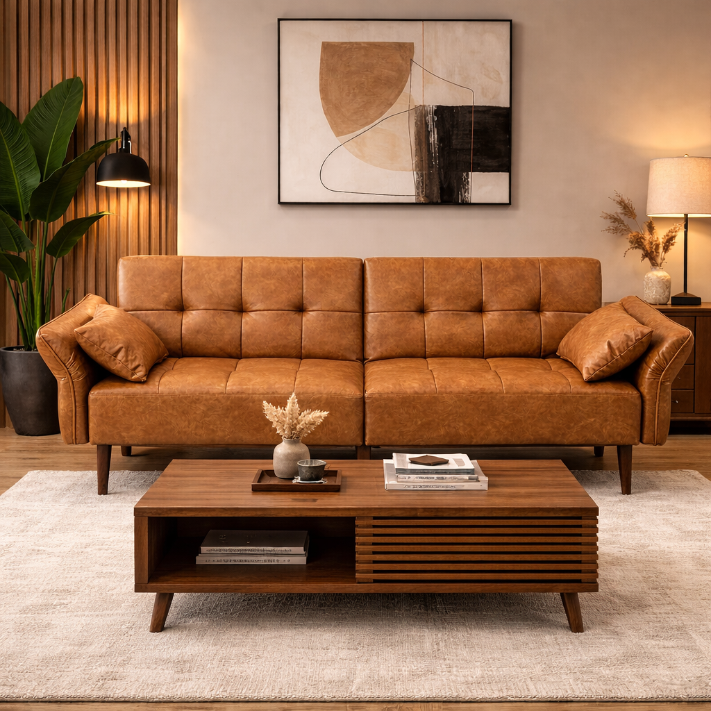 Mid Century Futon Sofa Bed with Walnut Coffee Table Living Room Set