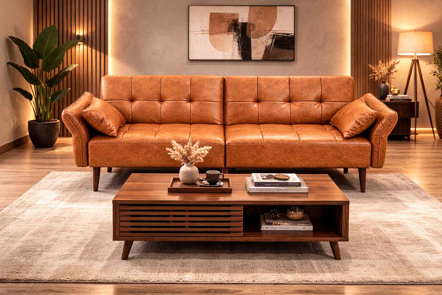 Mid Century Futon Sofa Bed with Walnut Coffee Table Living Room Set