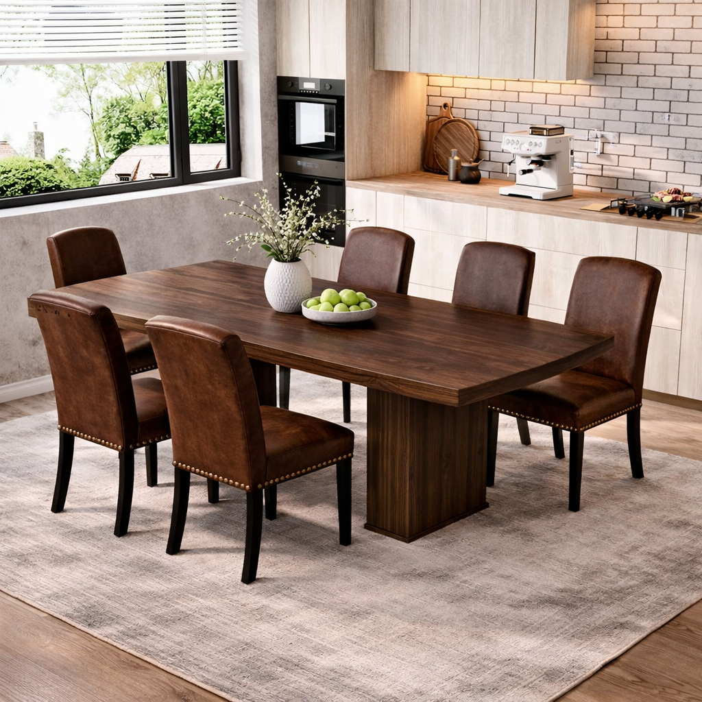78 Inch Walnut Fluted Dining Table with 6 PU Leather Nailhead Dining Chairs Set