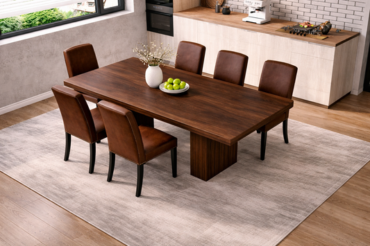 78 Inch Walnut Fluted Dining Table with 6 PU Leather Nailhead Dining Chairs Set