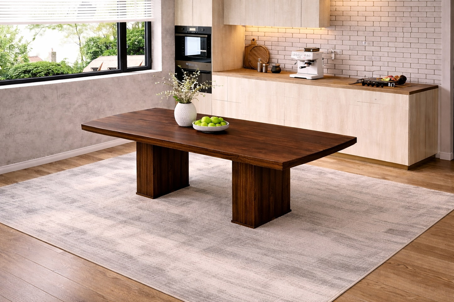 78 Inch Walnut Fluted Dining Table with 6 PU Leather Nailhead Dining Chairs Set