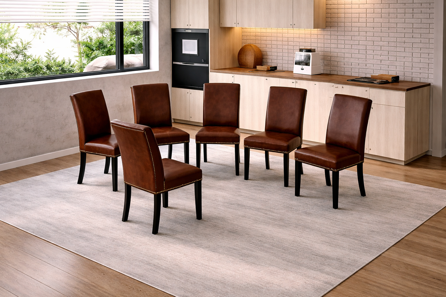 78 Inch Walnut Fluted Dining Table with 6 PU Leather Nailhead Dining Chairs Set