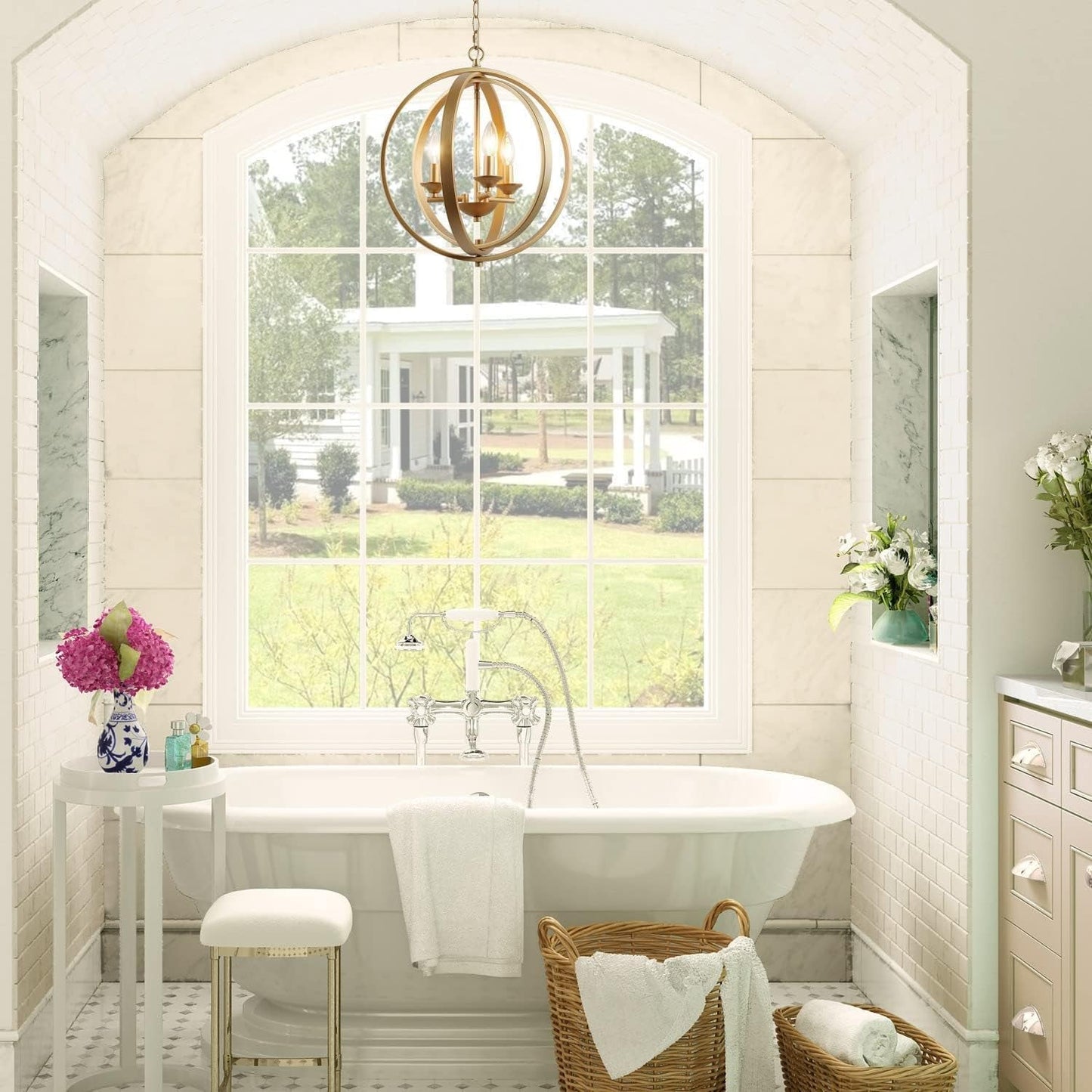 Gilded Orbital Chandelier Three Light Pendant Fixture-4