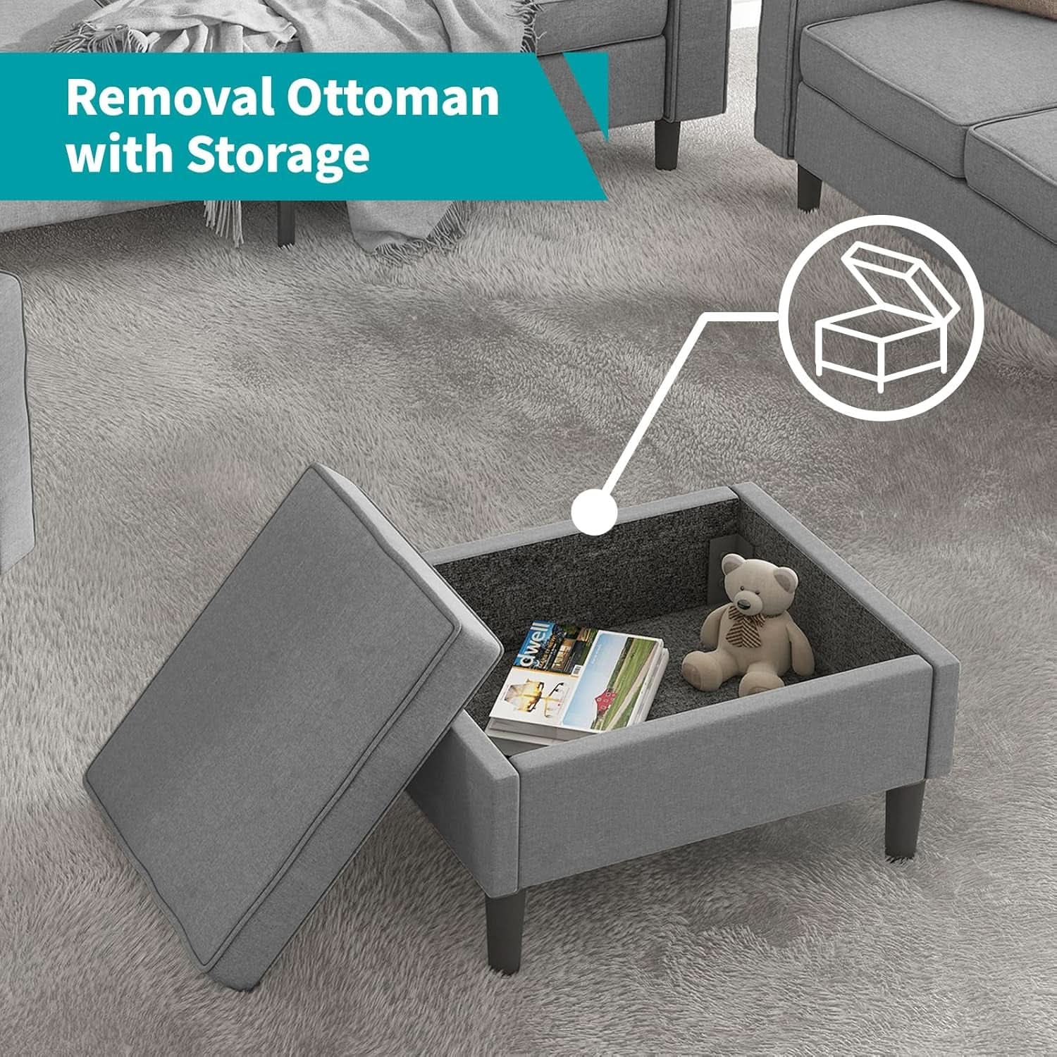 Light Grey Living Room Sofa Set With Movable Ottoman-2