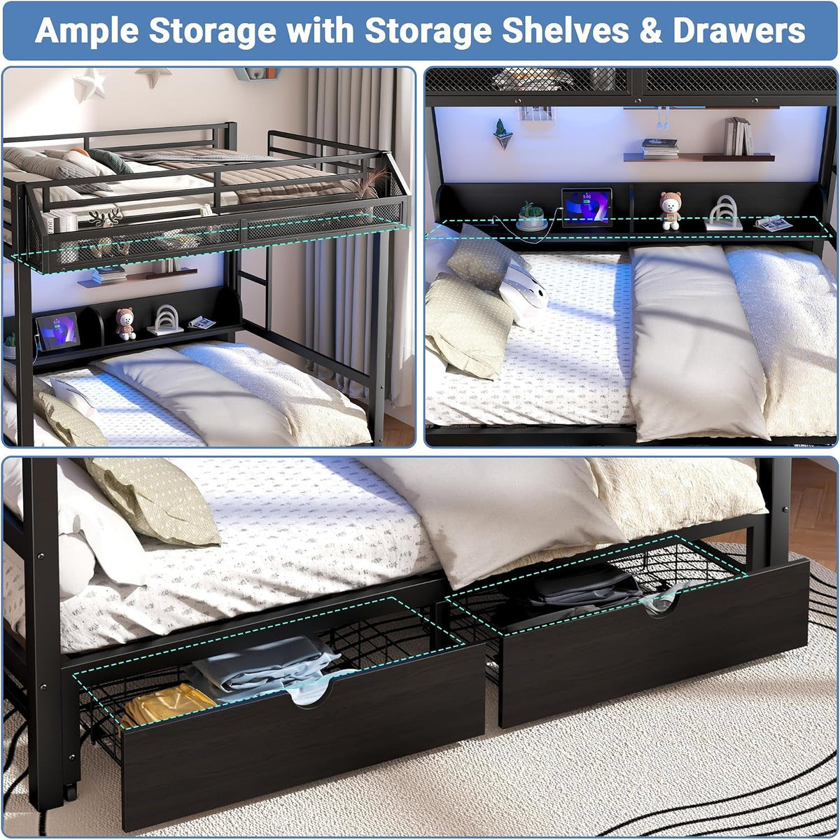 Queen Over Queen Metal Bunk Bed USB Charging Ports And LED